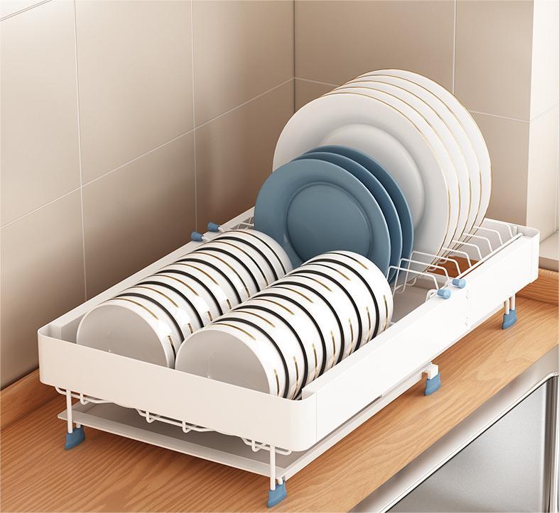  White kitchen rack double layer telescopic storage rack 53 02