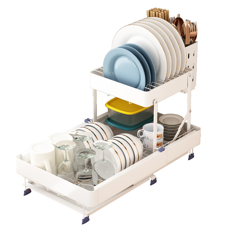 White kitchen rack double layer telescopic storage rack 52 02